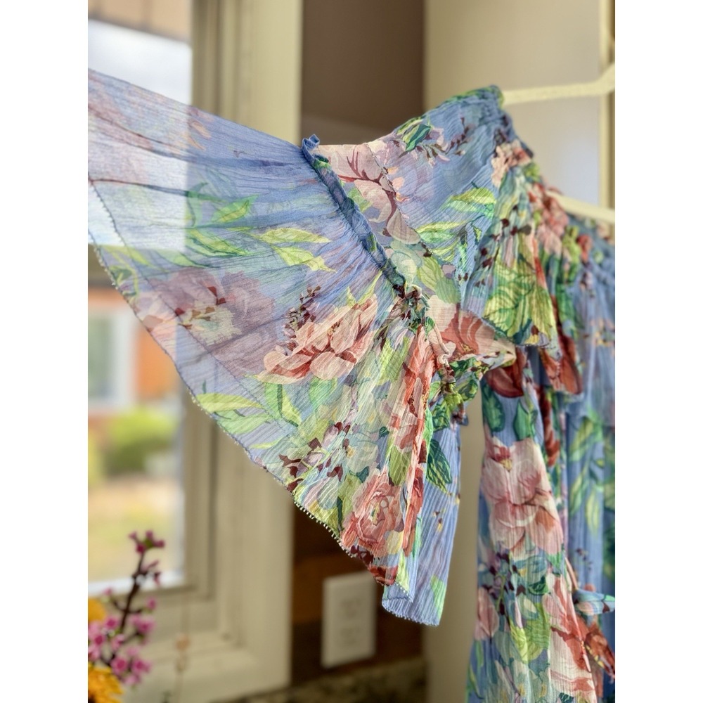 Zimmermann Winsome Sky Sunbleach Floral 100% Silk Ruffle Mini Dress Size 2 M 6/8 - Picture 9 of 16
